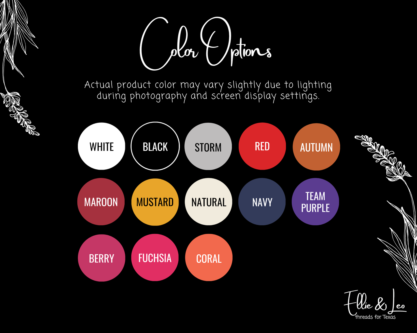 Color swatch chart with text on a black background