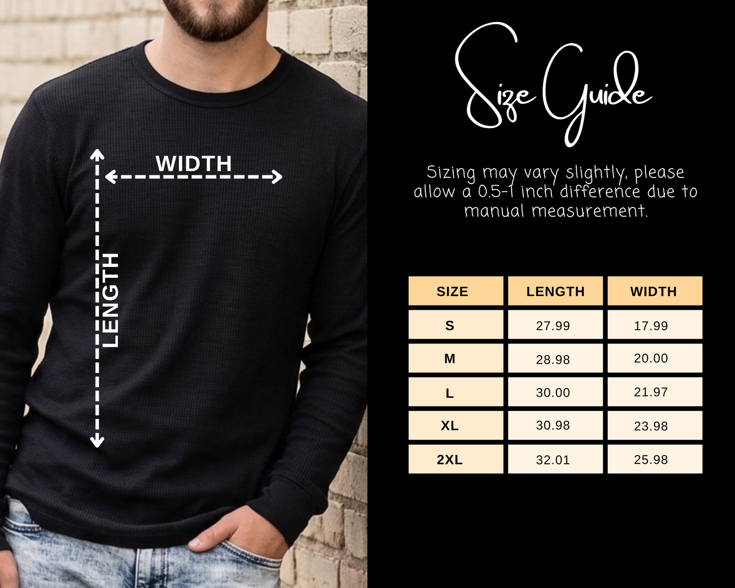 Black sweatshirt with measurements and a size guide on a black background