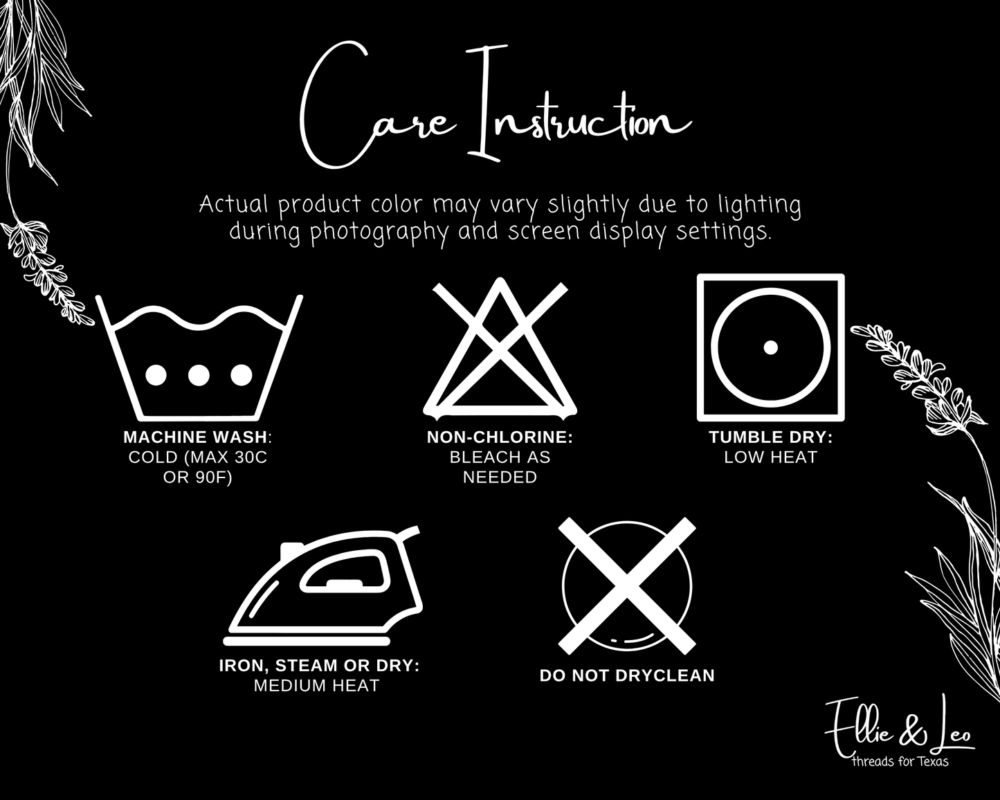 Care instruction symbols for clothing on a black background with floral elements.