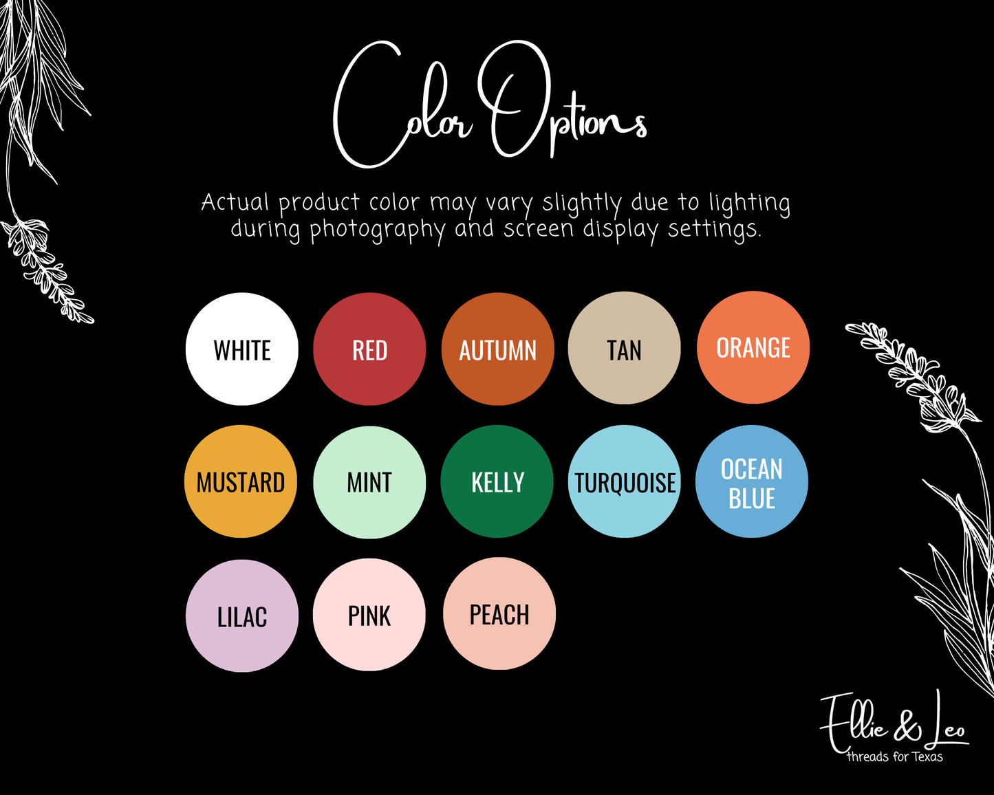 Color swatch chart with various color options on a black background, featuring the brand 'Ellie & Leo'.