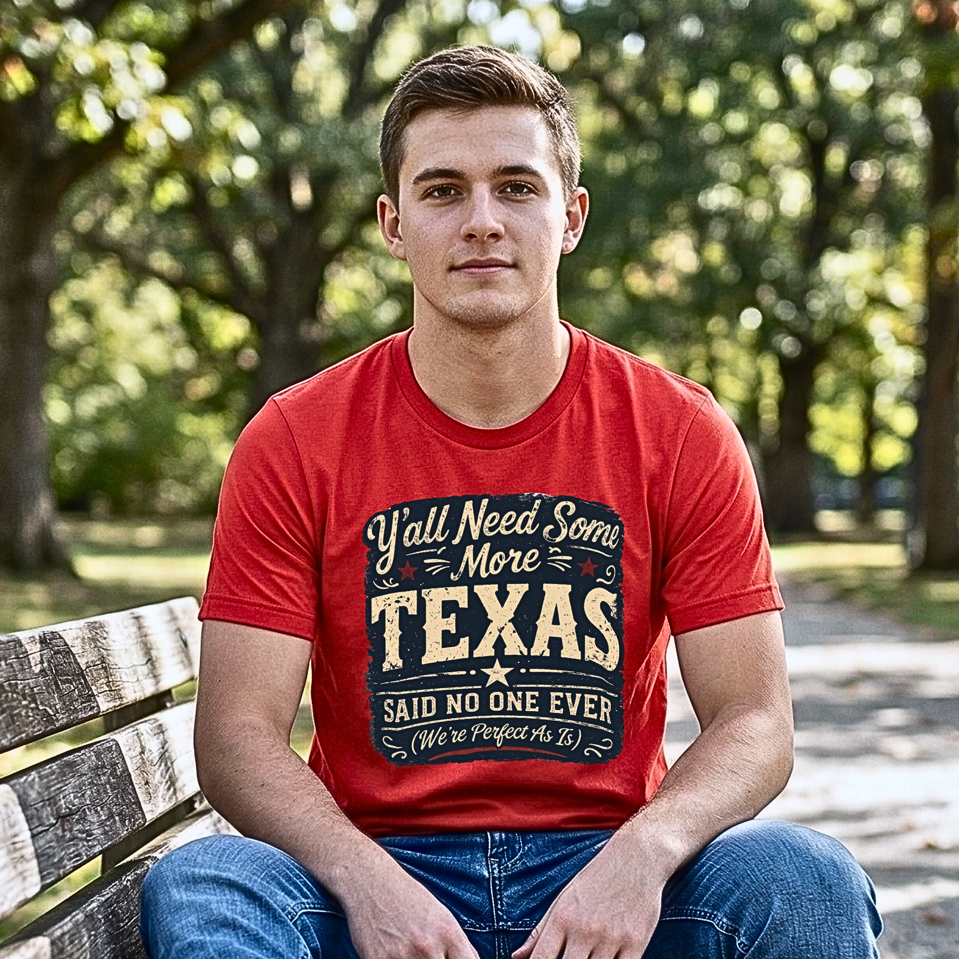 Red short-sleeve t-shirt with a vintage-style graphic that reads 'Y'all Need Some More Texas — Said No One Ever (We're Perfect As Is)' in gold and dark lettering with red star accents. Shirt is shown on a male model seated on a wooden bench in an outdoor park setting.
