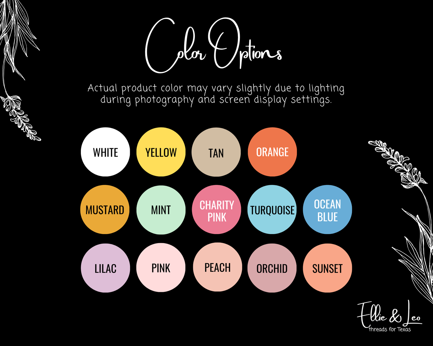 Color swatch chart with various color options on a black background, featuring the brand 'Ellie & Leo'.