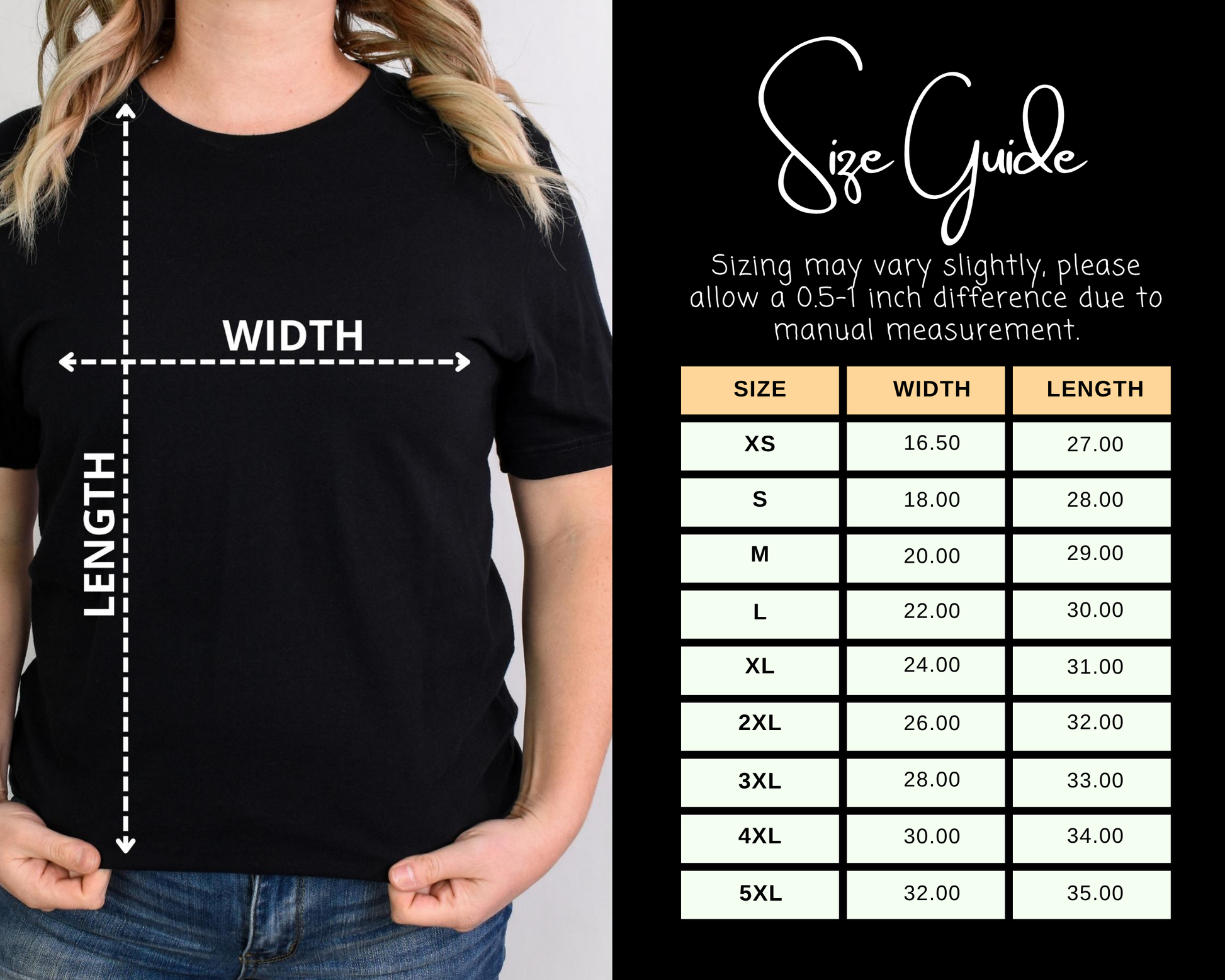 Black t-shirt with measurements and a size guide on a white background