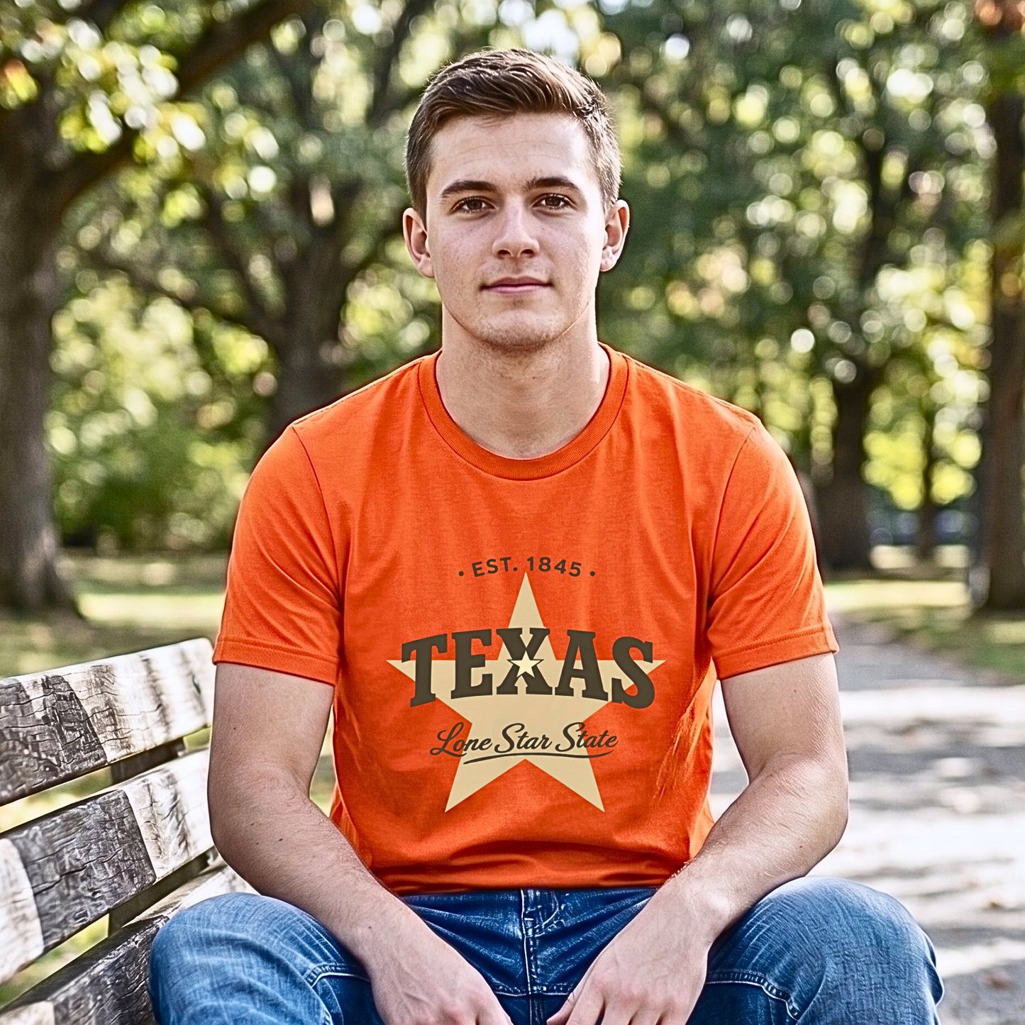 Person wearing an orange 'Texas' t-shirt sitting on a bench outdoors.