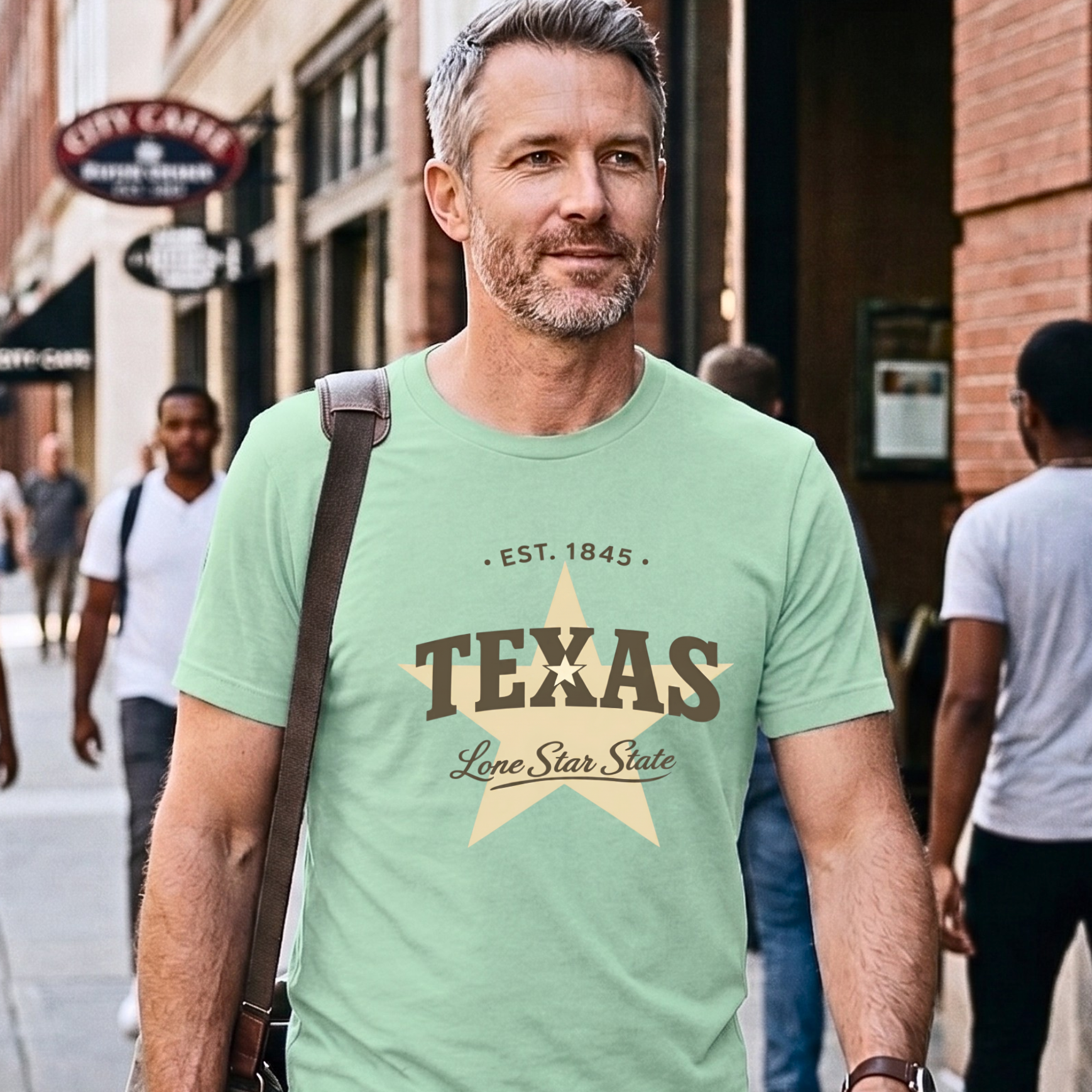 Man wearing a mint green 'Texas' t-shirt walking on a city street.