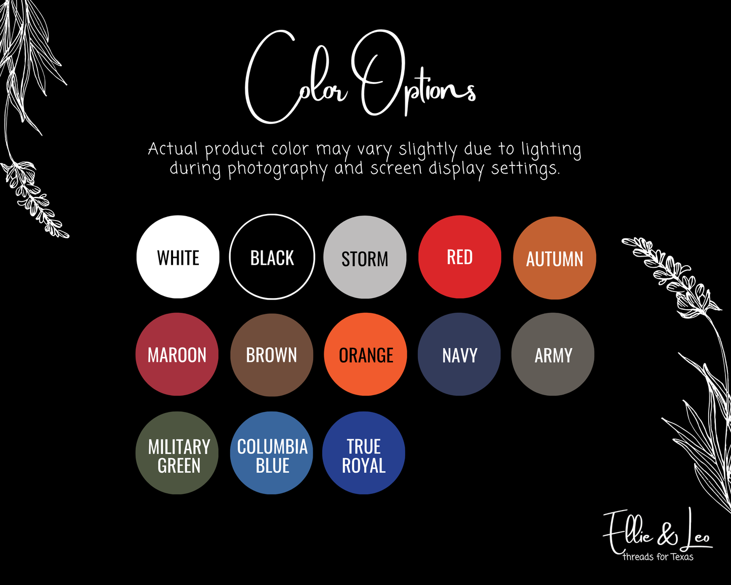 Color swatch chart with text on a black background
