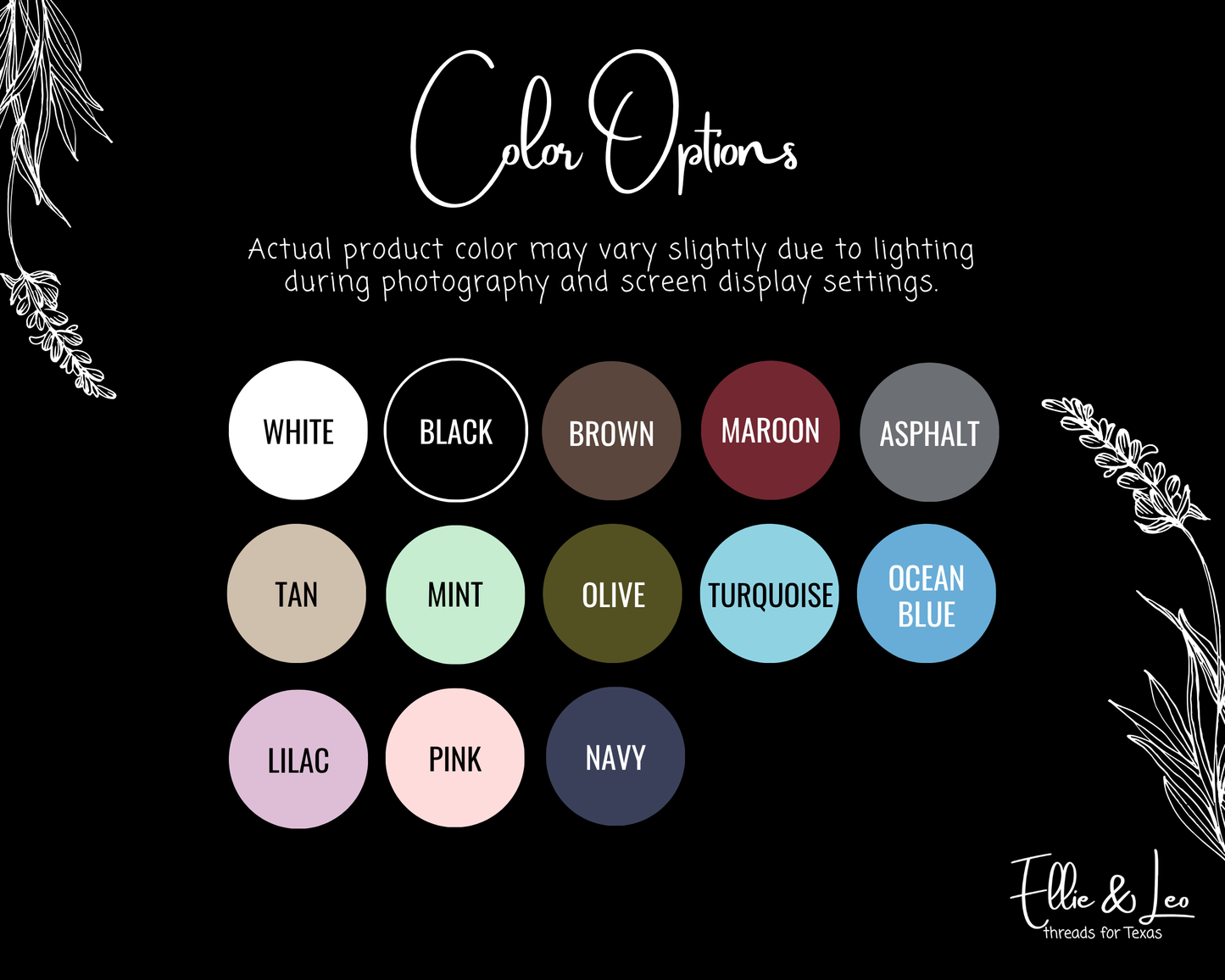 Color swatch chart with text on a black background