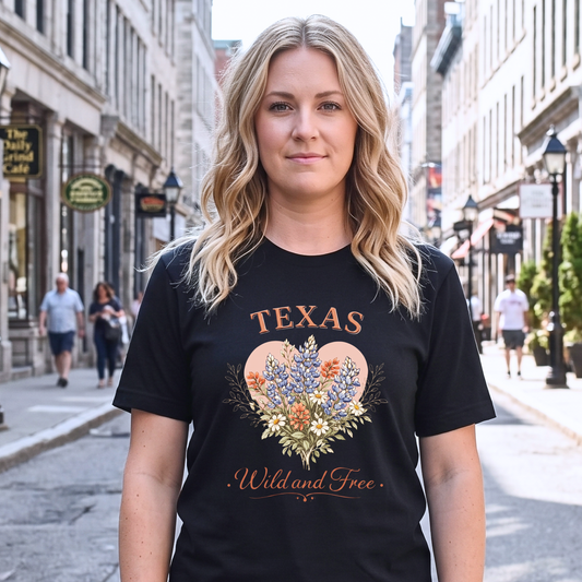 Woman wearing a black t-shirt with 'Texas Wild and Free' design on a city street.