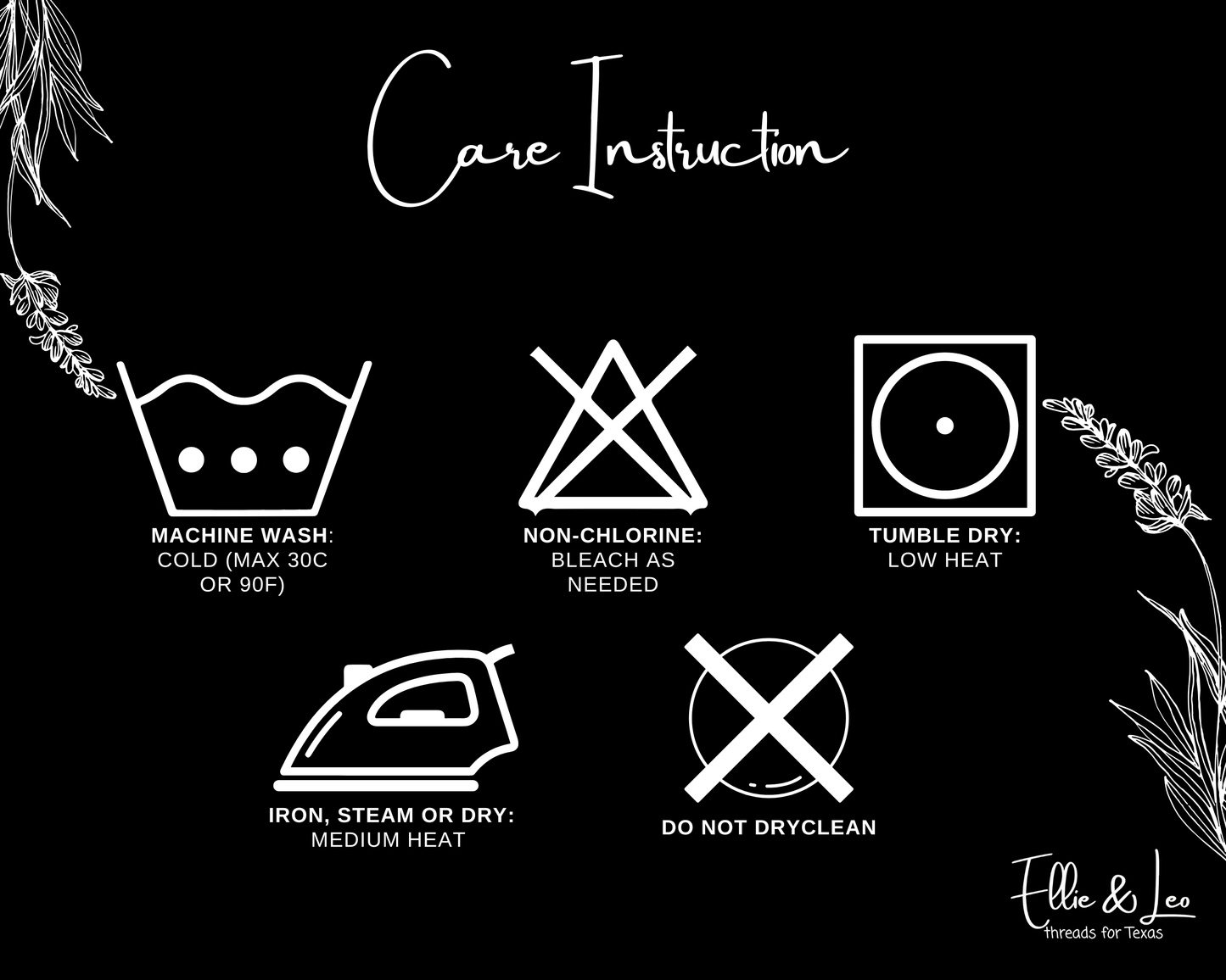 Care instruction symbols for clothing on a black background with floral elements.
