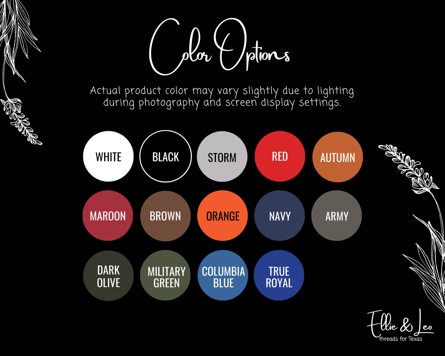 Color options chart with text and floral elements on a black background
