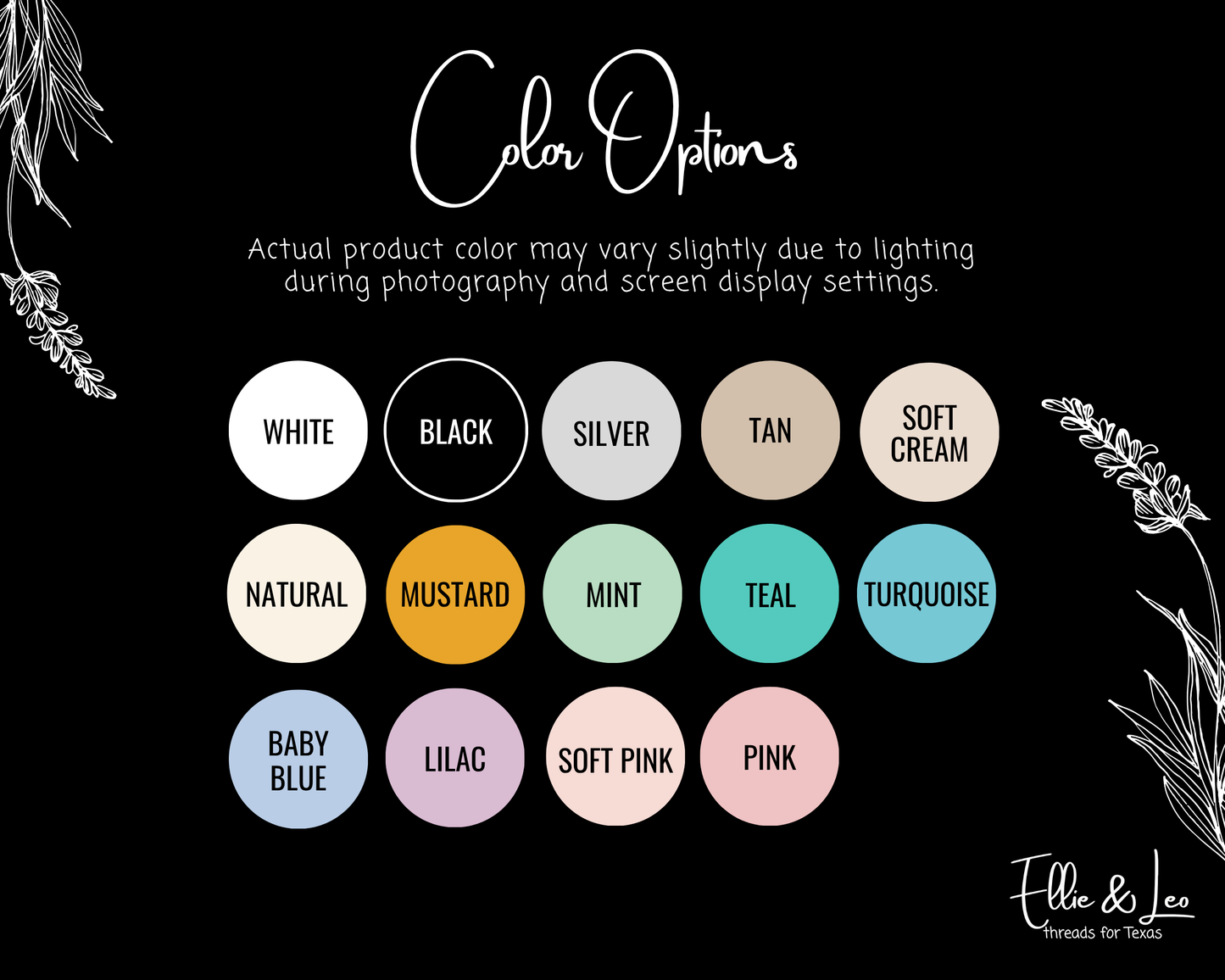Color swatch chart with text on a black background