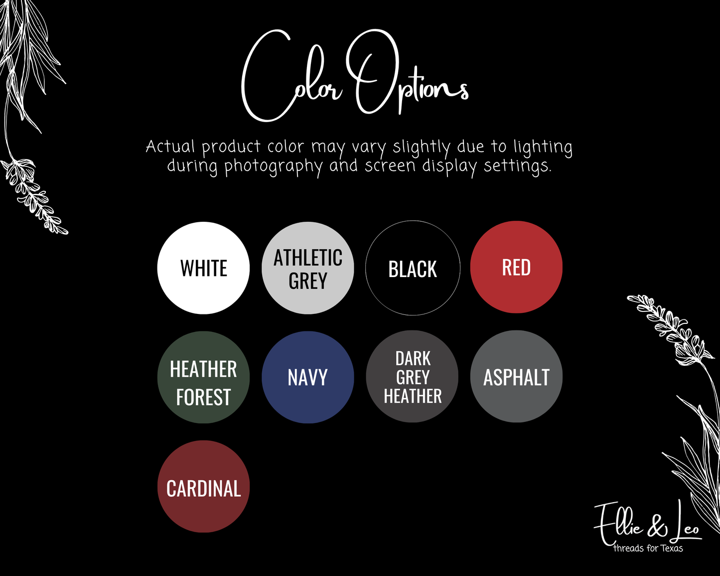 Color options chart with circular color swatches on a black background, featuring brand 'Ellie & Leo'.
