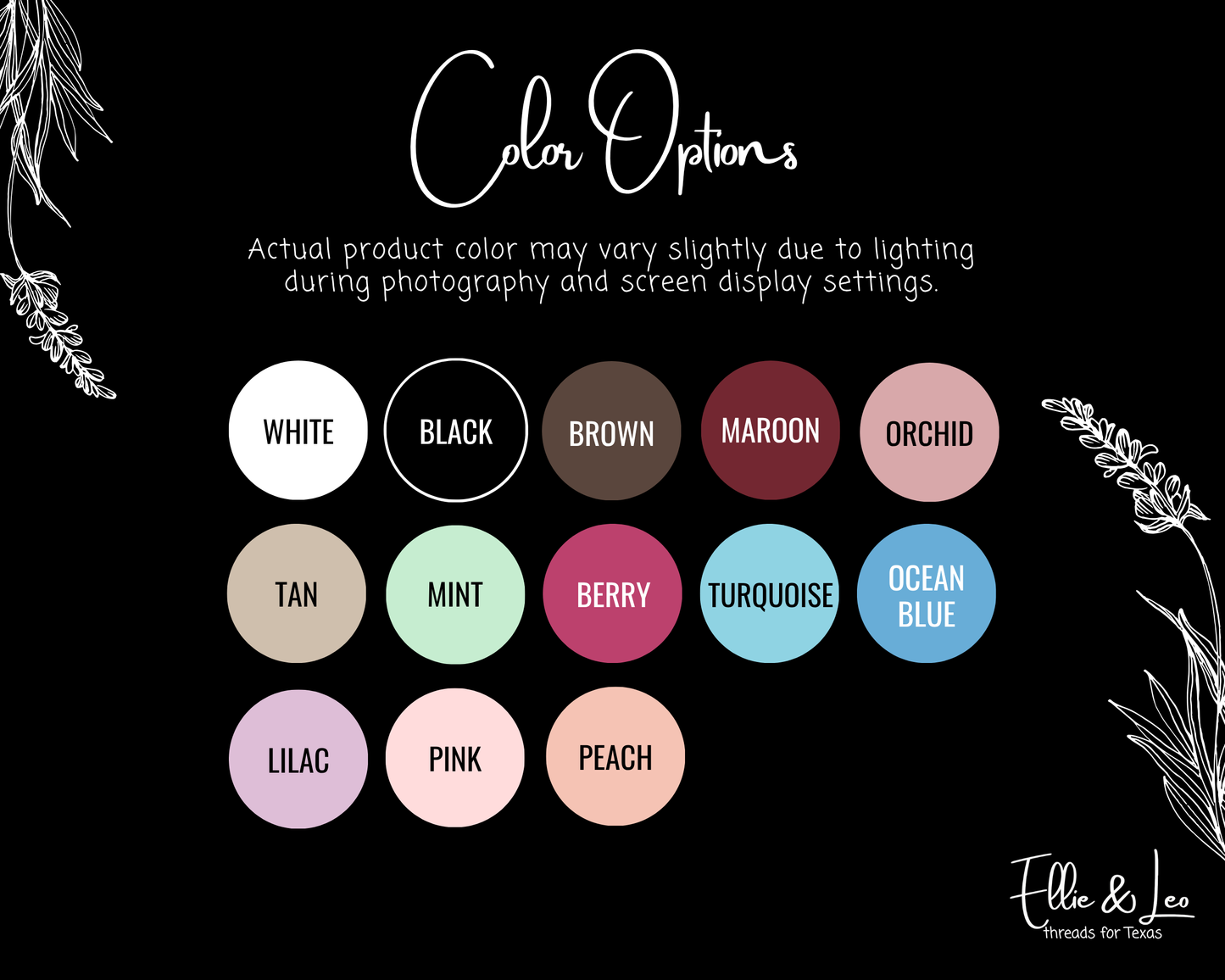 Color swatch chart with text on a black background